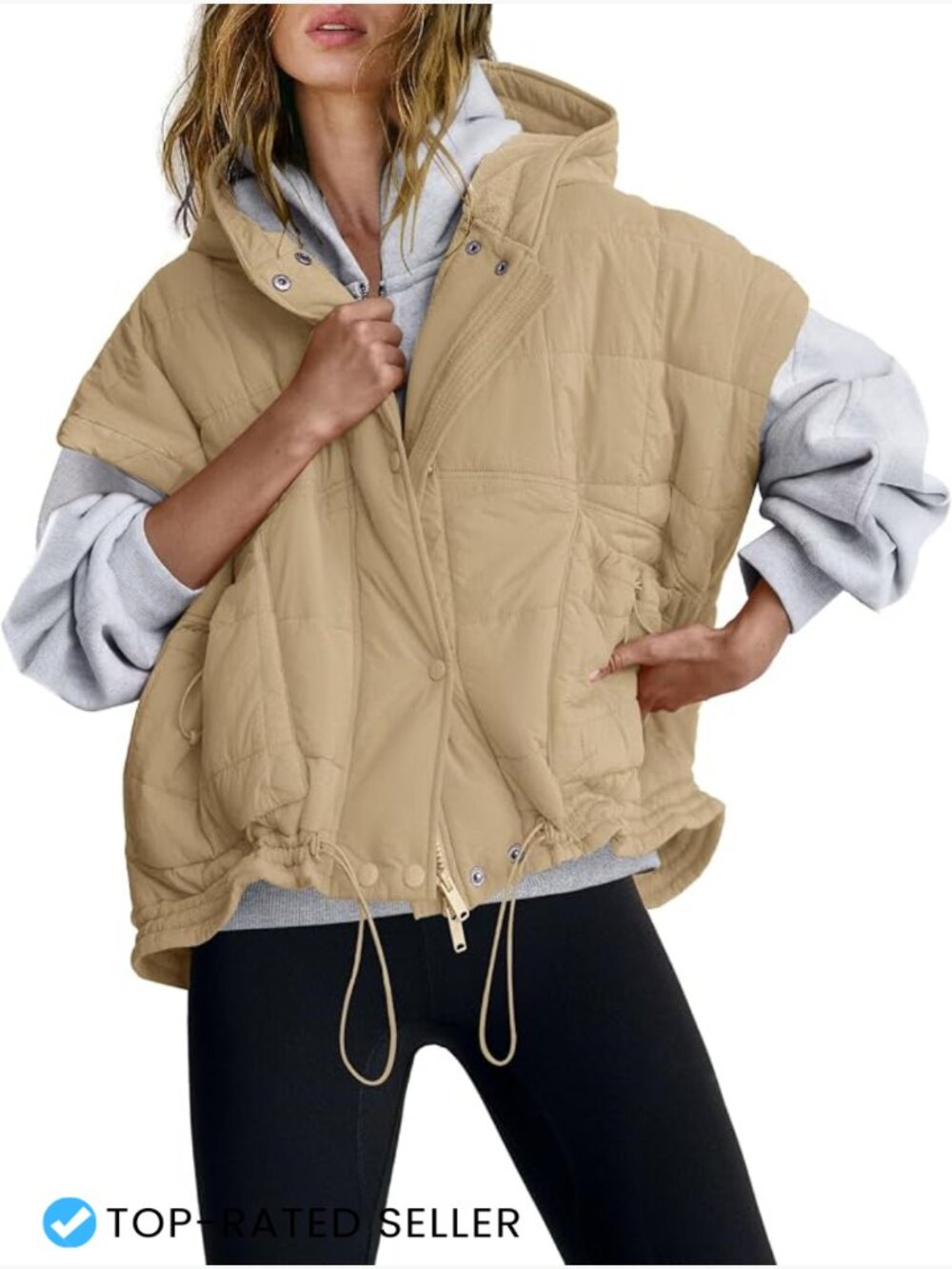 Oversized Quilted Puffer Vest Sleeveless Hooded Zip Front Winter Layering